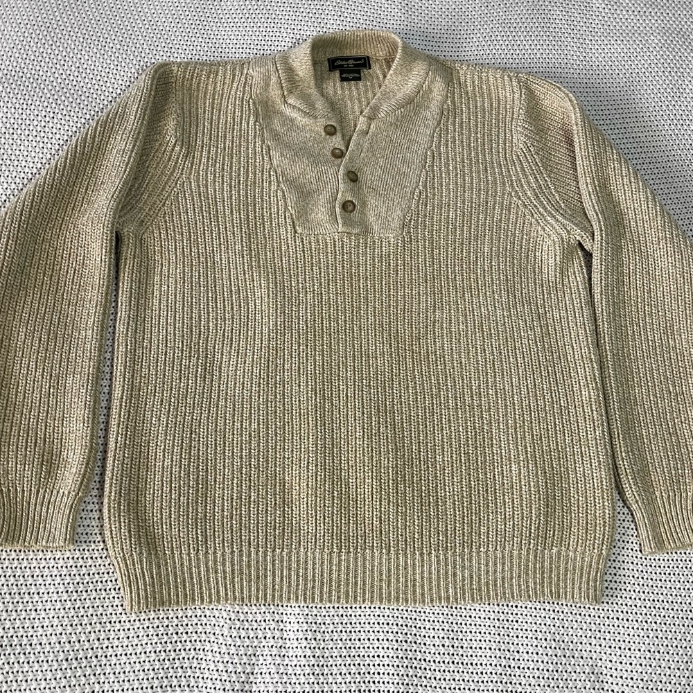 Eddie Bauer Pullover Sweater 1/4 Button Front Sweater Tan Men's M & Women L, VTG